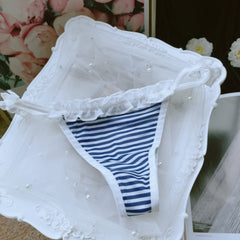 Japanese Blue and White Navy Striped Chiffon Cute Thong