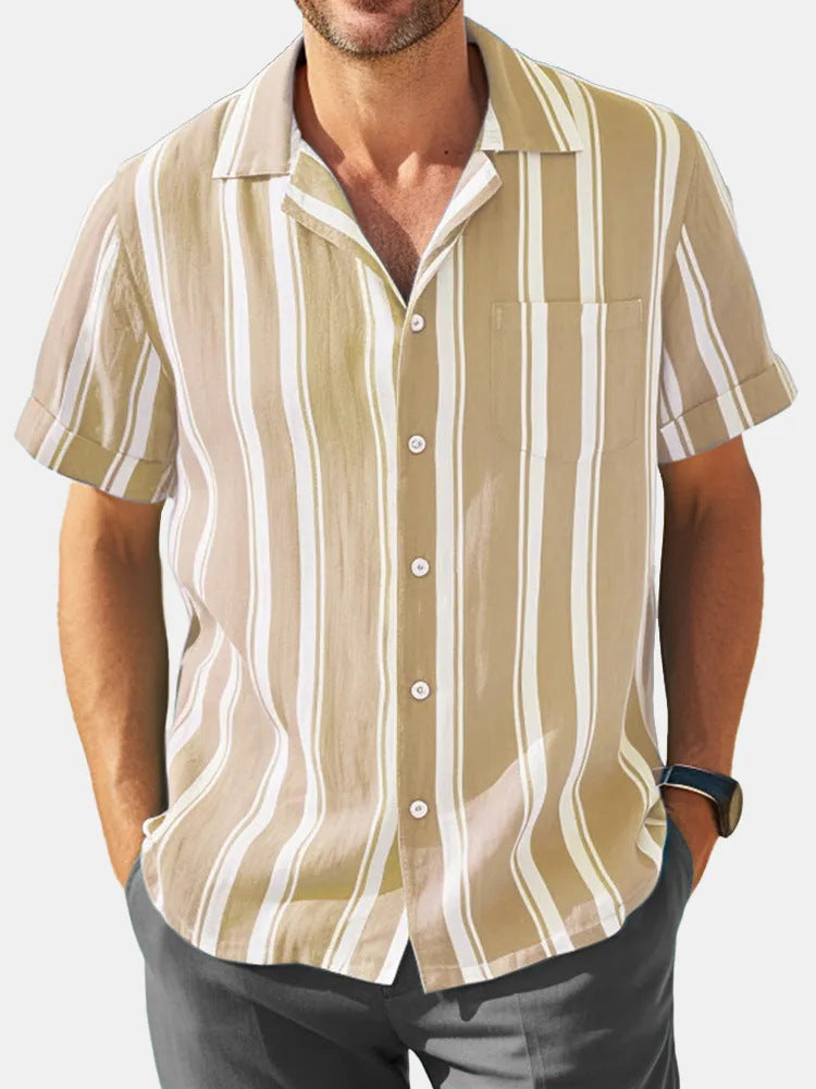 2024 Men's Casual Fashion Striped Contrast Color Short Sleeve Shirt