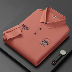 Men's Long Sleeve Lapel Embroidered Silk Cotton POLO Shirt