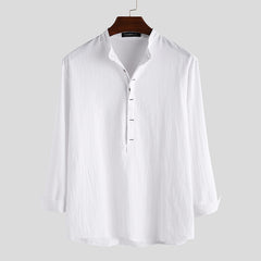 Men's Casual Loose Solid Color Cotton Linen Long Sleeve Shirt