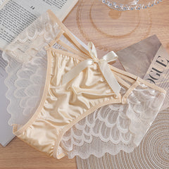 Satin Sexy Breathable Lace Bowknot Hollow Low-Rise Briefs