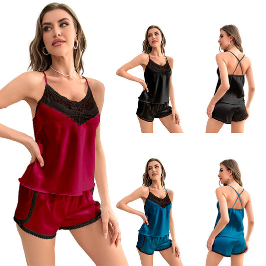 Women's New Satin Lace Suspender Pajamas