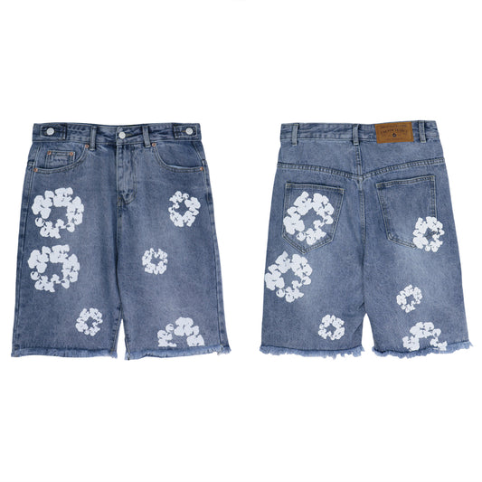 Men's Kapok Denim Shorts White Garland Printed Cropped Pants