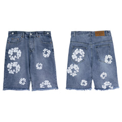 Men's Kapok Denim Shorts White Garland Printed Cropped Pants
