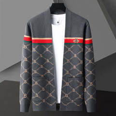 Men's Slim Fit Knitted Printed Business Casual Cardigan