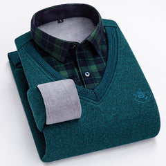 2023 Men's Thermal Fake Two-Piece Long Sleeve Shirt