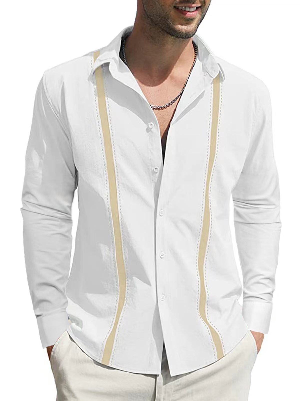 Men's Lapel Collar Colorblock Linen Loose Casual Shirt