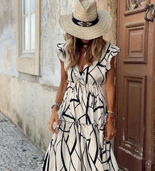 Geometric print V-neck ruffled long skirt