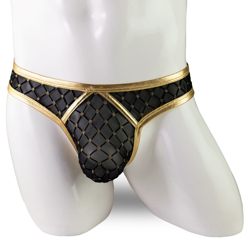 Men's Sexy Gold Diamond Mesh Low Waist Transparent Thong