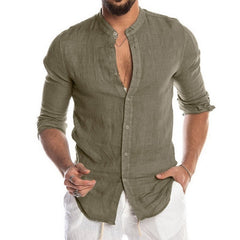 Men's Solid Color Stand Collar Casual Long Sleeve Shirt