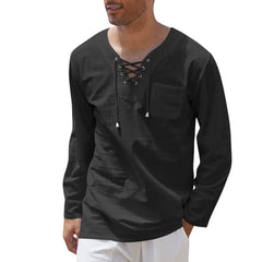 New Style Men's Cotton and Linen Fashion Casual Lace-up V-neck Long-sleeved Shirt