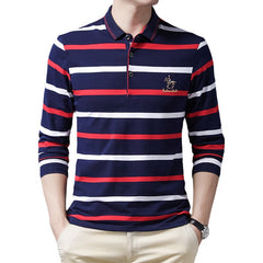 New pure cotton lapel embroidered striped POLO shirt