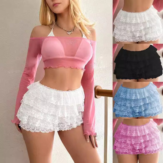Lace Mesh Ruffle Low Rise Mini Shorts