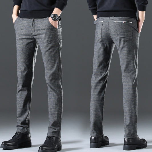 Men's Plaid Cotton and Linen Stretch Casual Trousers