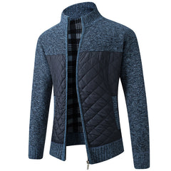 2024 Men's Stand Collar Striped Plaid Zipper Plus Velvet Fashionable Color Block Warm Knitted Jacket
