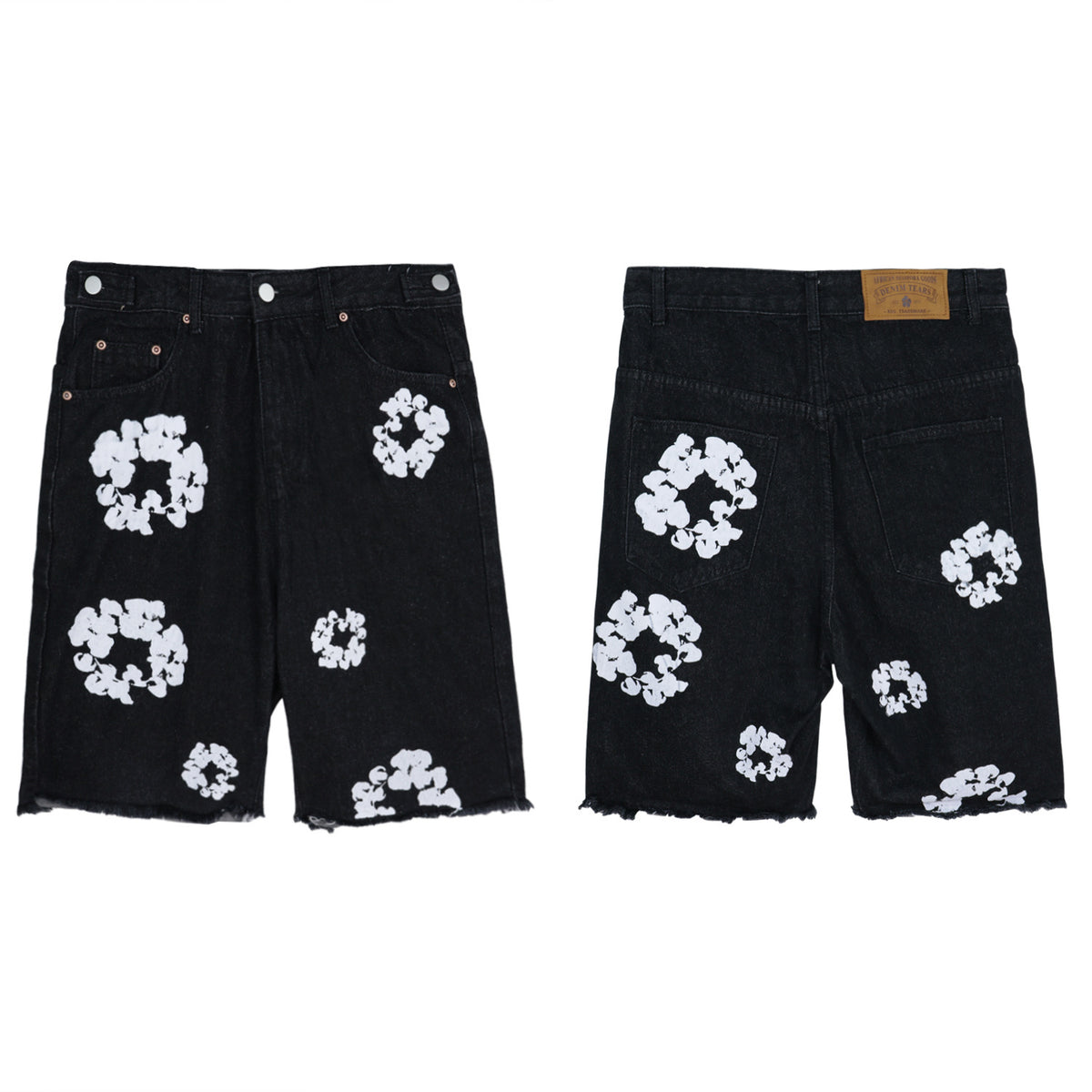 Men's Kapok Denim Shorts White Garland Printed Cropped Pants