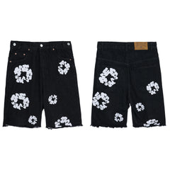 Men's Kapok Denim Shorts White Garland Printed Cropped Pants