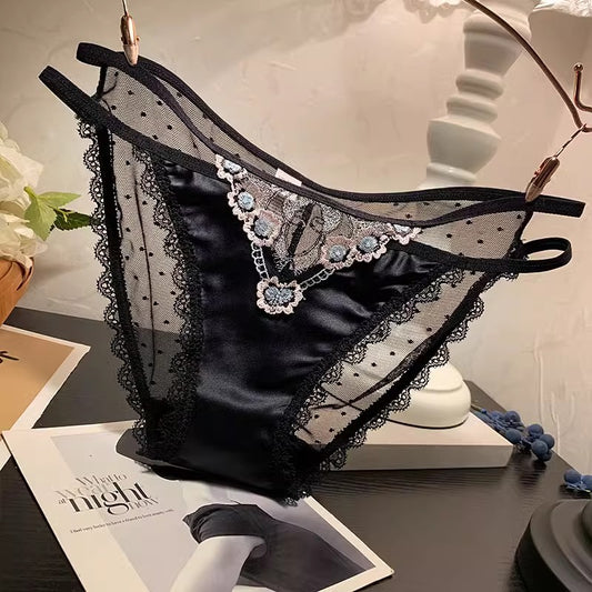 Tie-strap hollow satin low waist mesh transparent briefs