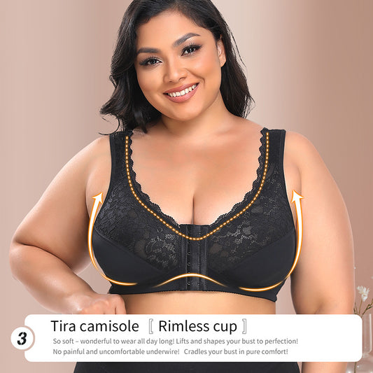 Wireless lace large cup front button thin BCDEF cup bra W210803