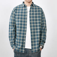 Men's Spring 2024 100% Cotton Loose Plaid Striped Shirt