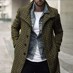 Men's Fashion Lapel Single Breasted Plaid Trench Coat