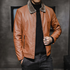 Men's Lapel Velvet Thickened Leather Jacket