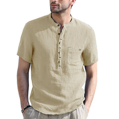 Men's Henley Collar Solid Color Short Sleeve Cotton and Linen Shirt