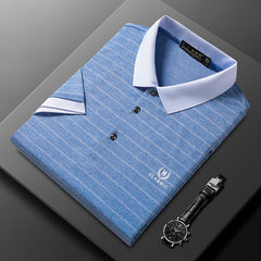 Men's Casual Business Embroidery Striped Short-sleeved Polo Shirt