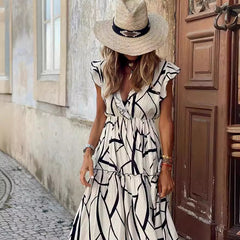 Geometric print V-neck ruffled long skirt