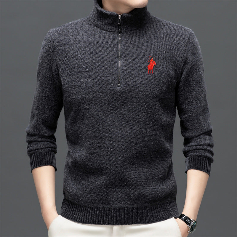 Half-zip high-neck solid color embroidered sweater