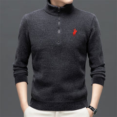 Half-zip high-neck solid color embroidered sweater