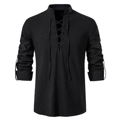 Men's V-neck Lace-up Cotton and Linen Loose Casual Stand-collar Shirt