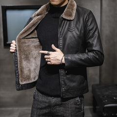 Men's Lapel Velvet Thickened Leather Jacket