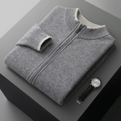 Men's Contrasting Half Turtleneck Zip-up Wool Knit Cardigan