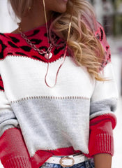 Color Block Leopard Print Crew Neck Casual Sweater