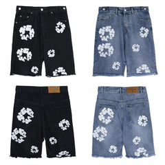 Men's Kapok Denim Shorts White Garland Printed Cropped Pants