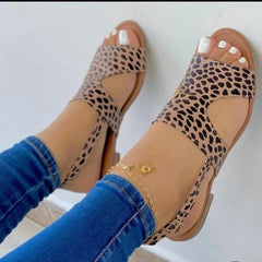 Leopard print oversized buckled flat casual sandals