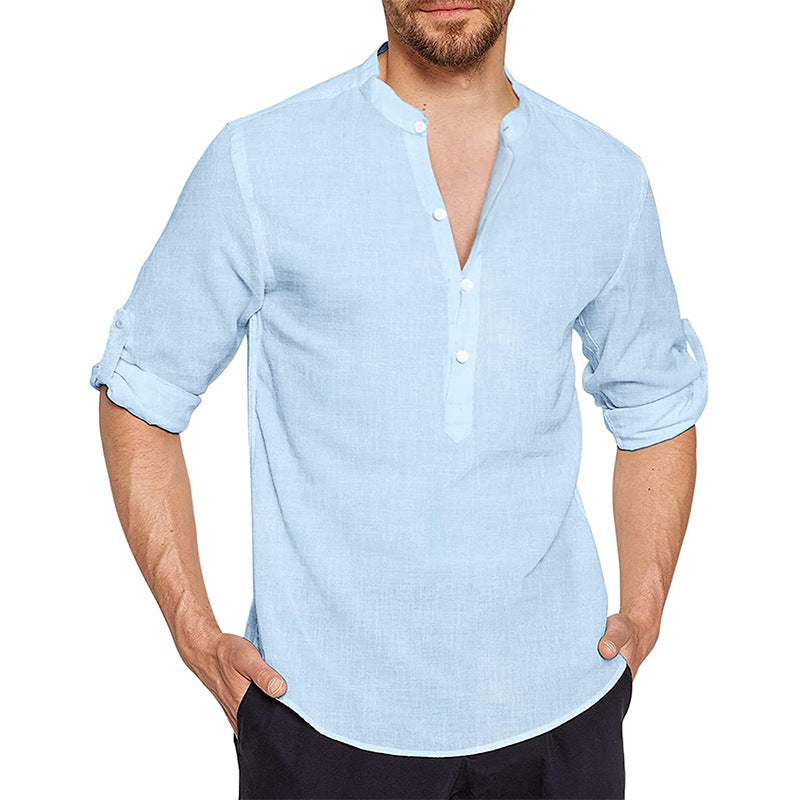 2023 Stand Collar Casual Solid Color Loose Cotton Linen Shirt