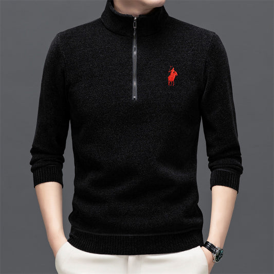 Half-zip high-neck solid color embroidered sweater