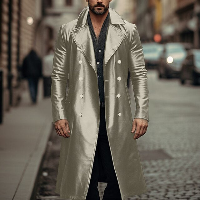 Retro Large Size Long Double Breasted Leather Jacket Coat