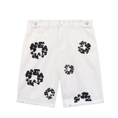 Men's Kapok Denim Shorts White Garland Printed Cropped Pants