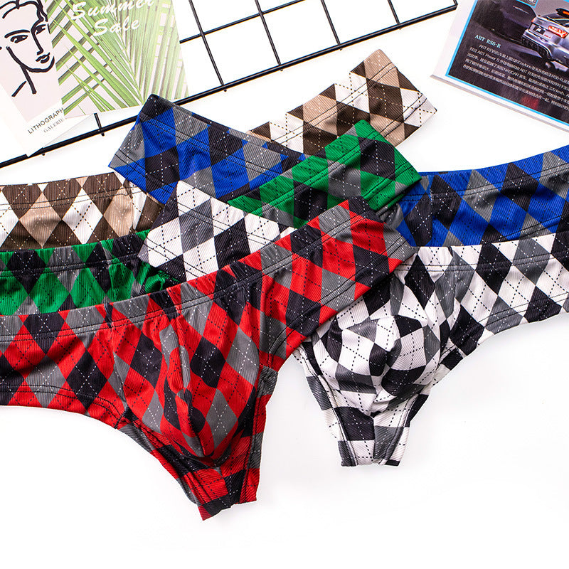 Men's Plaid Print Ice Silk Thread Underwear