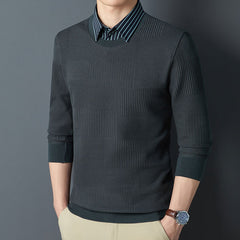 High-end fake two piece men's long sleeve shirt sweater