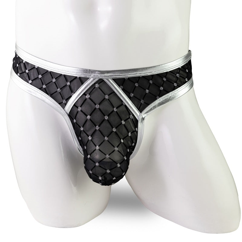 Men's Sexy Gold Diamond Mesh Low Waist Transparent Thong