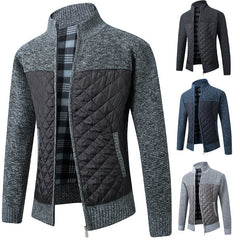 2024 Men's Stand Collar Striped Plaid Zipper Plus Velvet Fashionable Color Block Warm Knitted Jacket