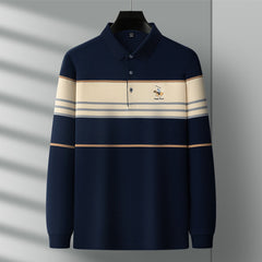 Men's Striped Cotton Lapel Business Casual Embroidered Long Sleeve POLO Shirt