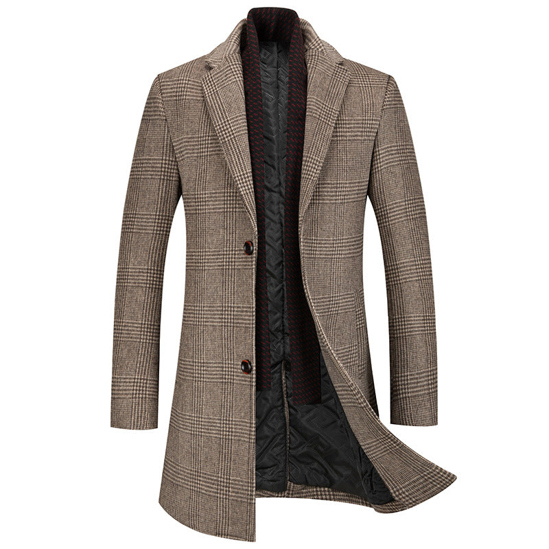 Men's New Houndstooth Wool Scarf Collar Cotton Coat