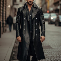 Retro Large Size Long Double Breasted Leather Jacket Coat
