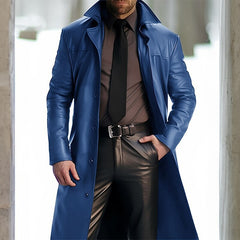 2024 New Men's Long Lapel Leather Trench Coat