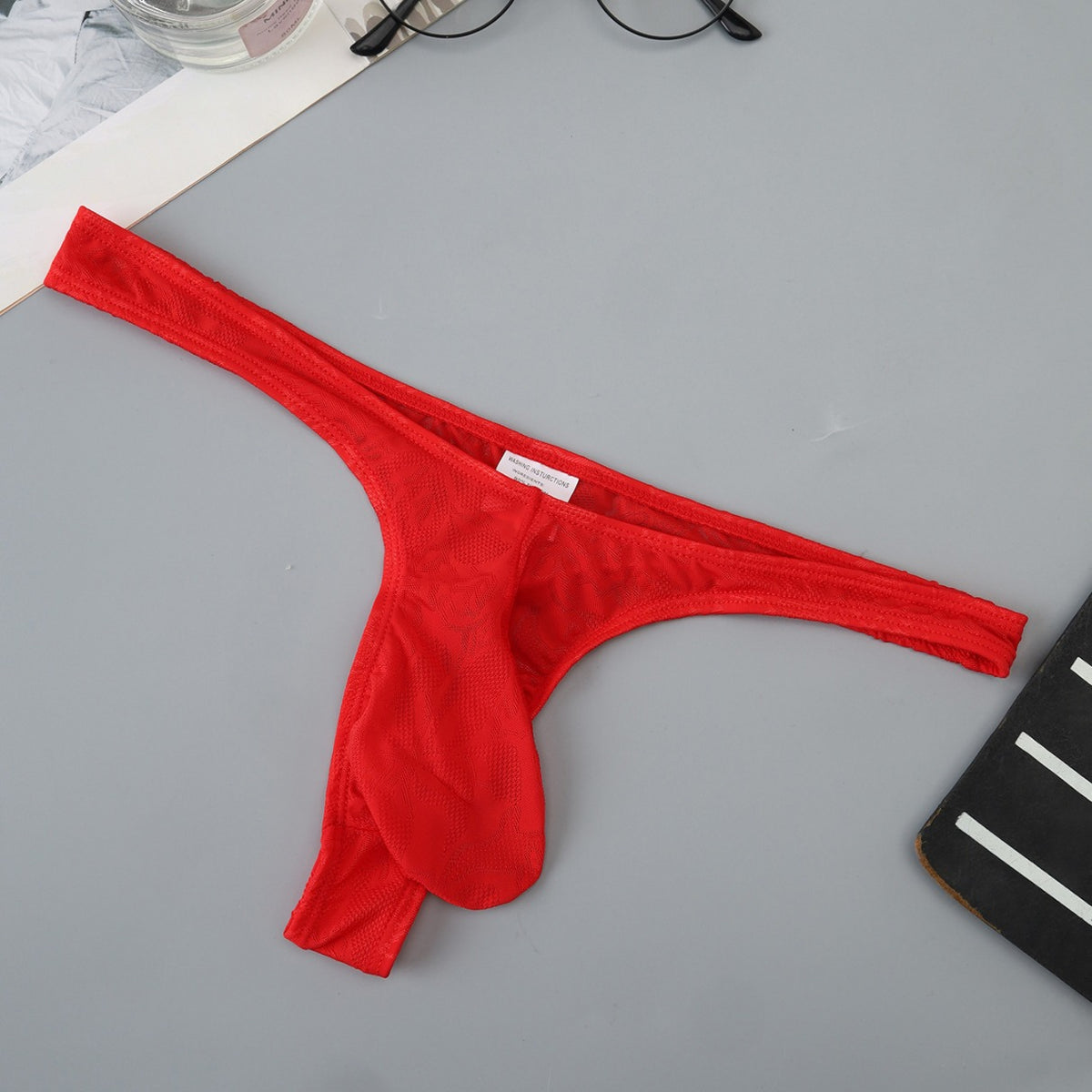 Men's Ice Silk Jacquard See-through Silky Sexy High Elastic Thong